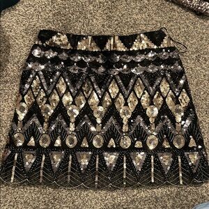 Source Unknown Black and Gold Sequined Geometric Mini Skirt